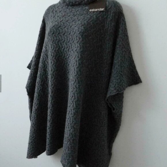 NWT ESKANDAR Grey Funnel Neck Half Cable 2 Ply Cashmere Poncho Sweater OS - Picture 2 of 7